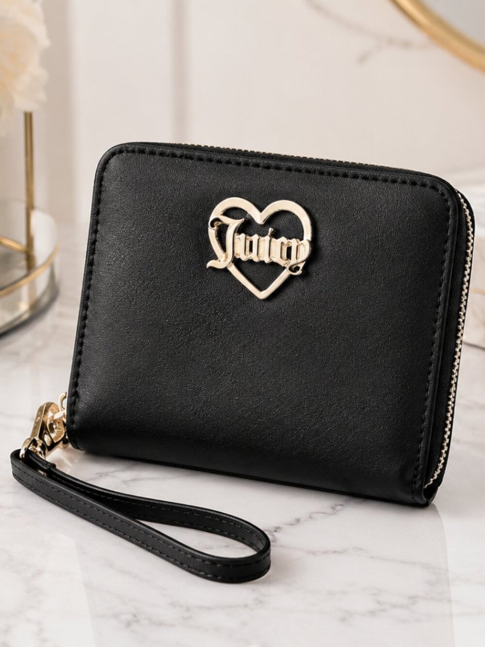 Juicy Couture Black Gold Heart Logo Zip Bifold Wallet NWT